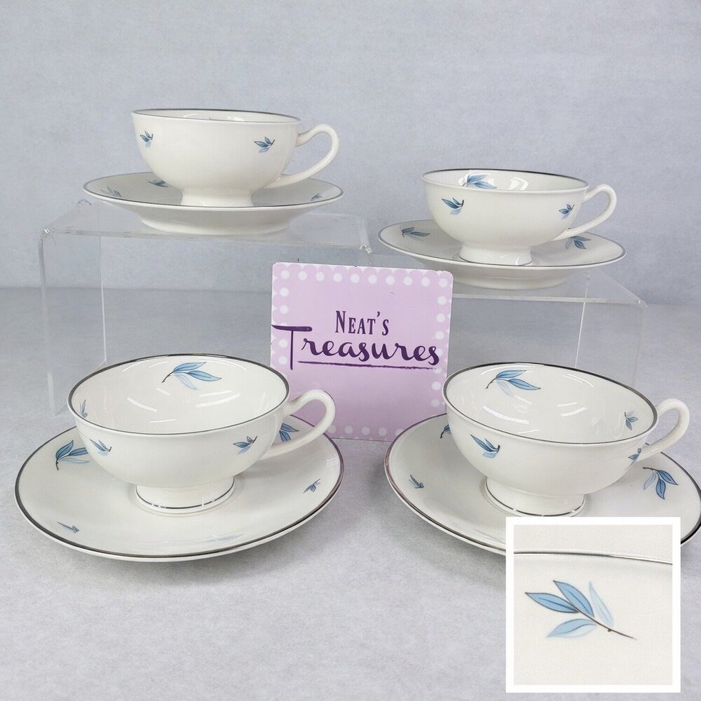 MCM Syracuse China CELESTE Blue Leaves White Platinum Trim Cups Saucers Set of 4
